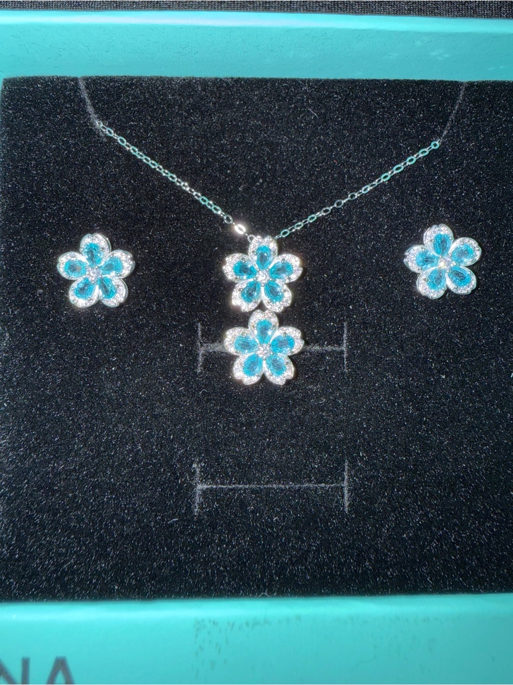 925 silver authentic blue apatite flower set- necklace, ring and earrings